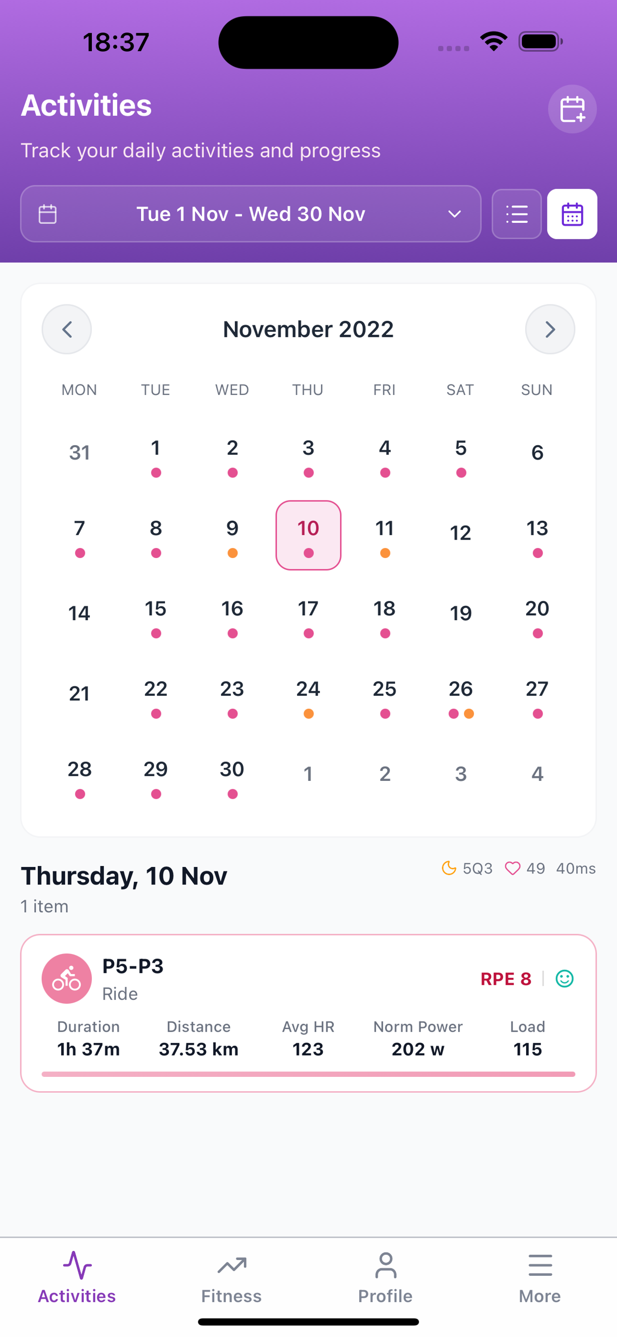 Subintervals training calendar month view