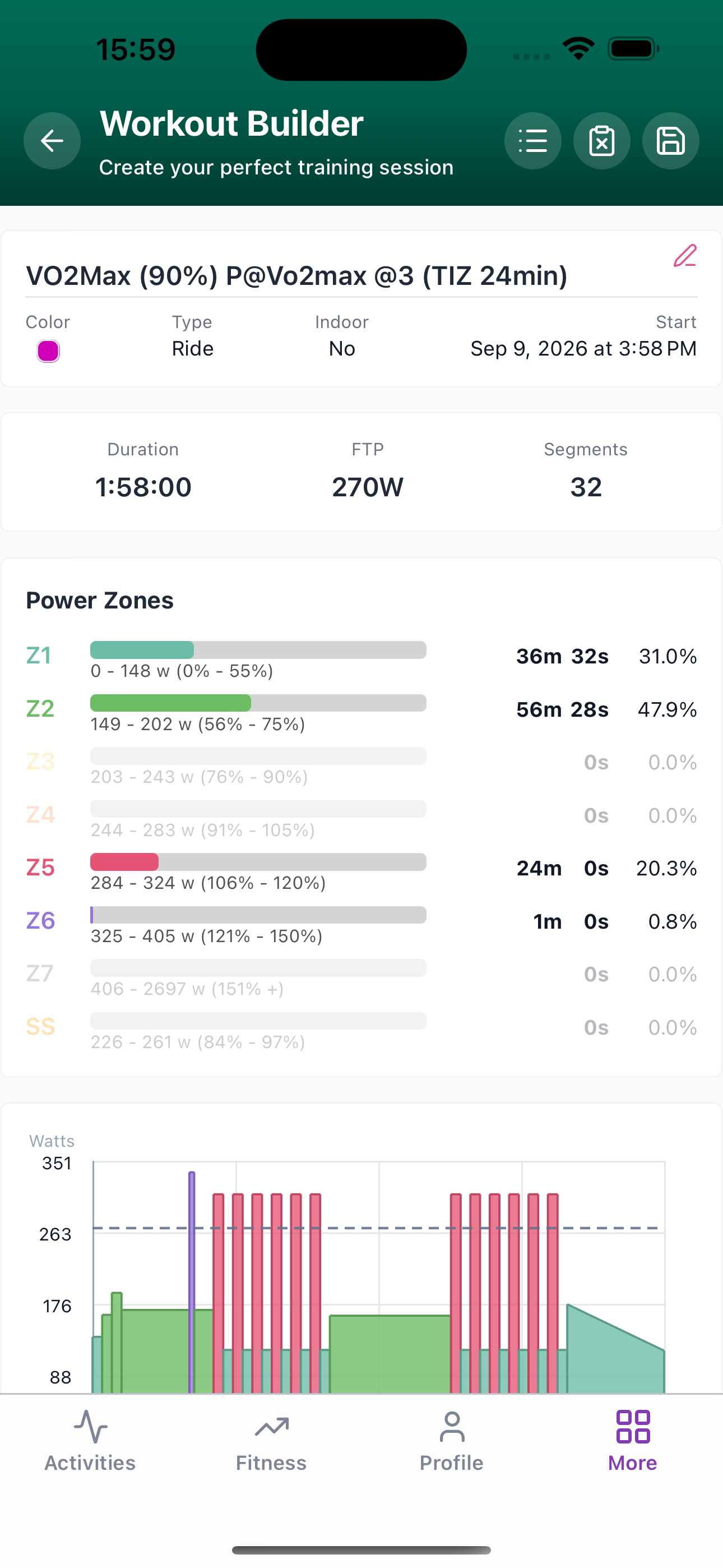 Subintervals Workout Builder with power zones and interval graph