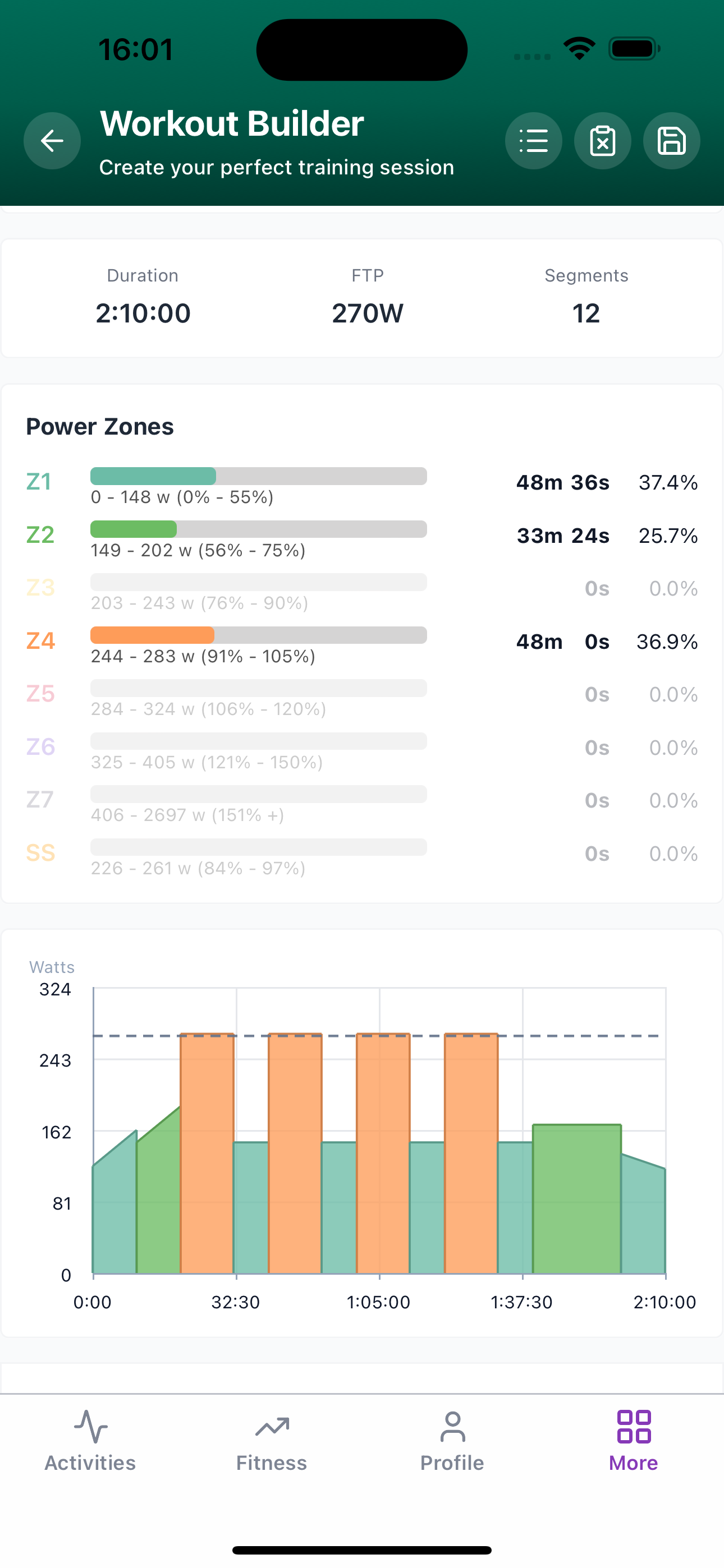 Subintervals Workout Builder with structured workout graph and zone times
