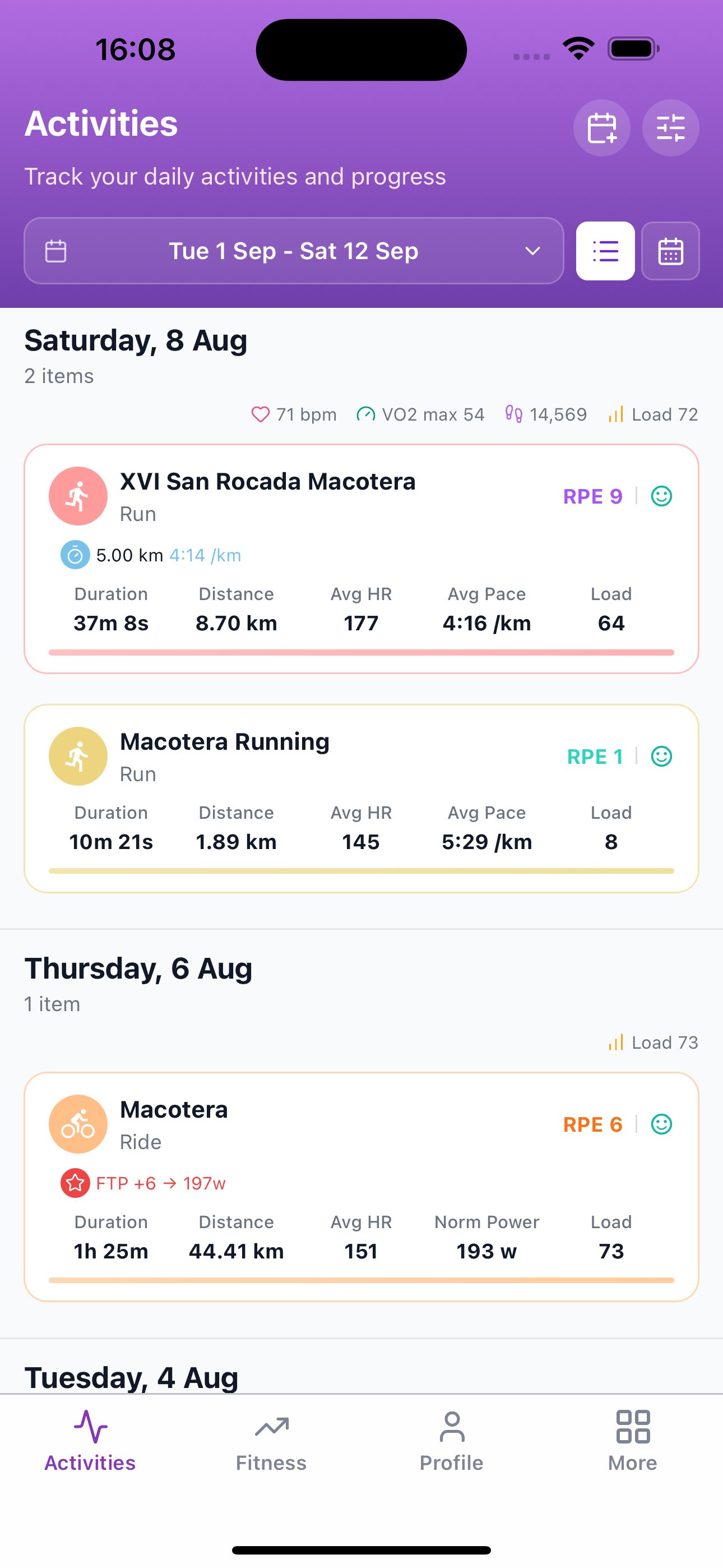 Subintervals activity list with daily summaries and workout cards