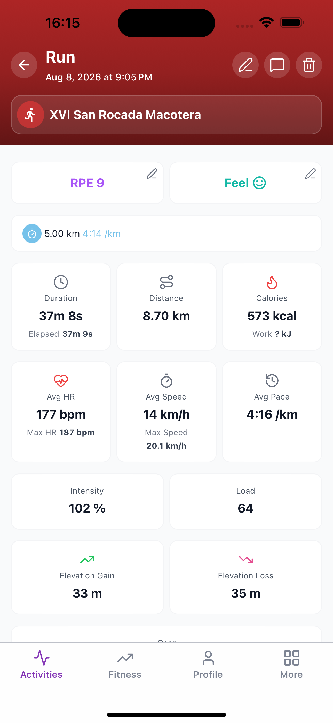 Activity detail with duration, distance, heart rate, pace, and load