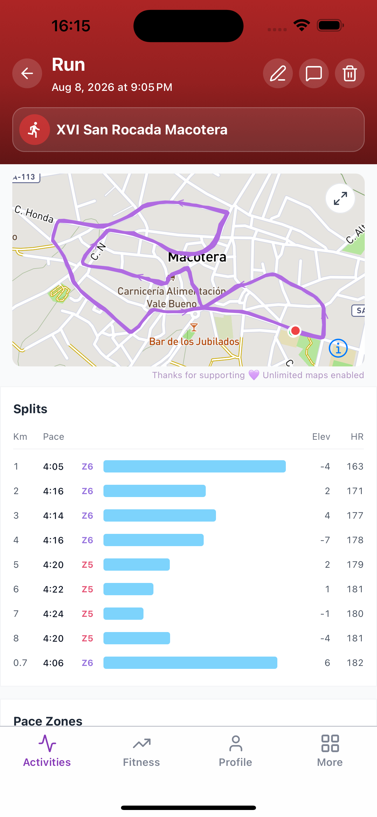 Activity route map and kilometer splits
