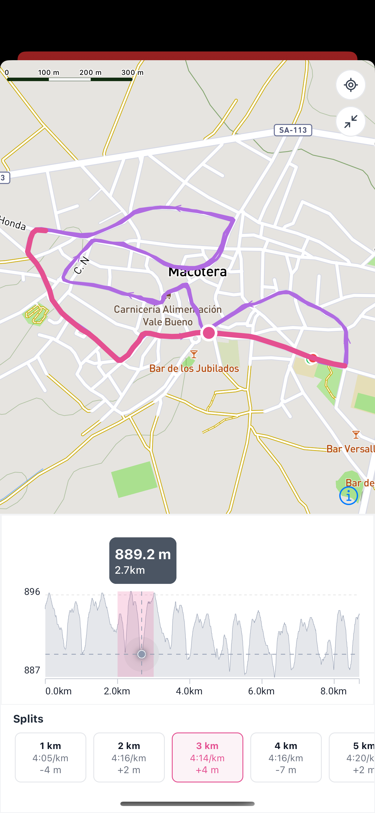 Fullscreen activity map with elevation chart and split selection