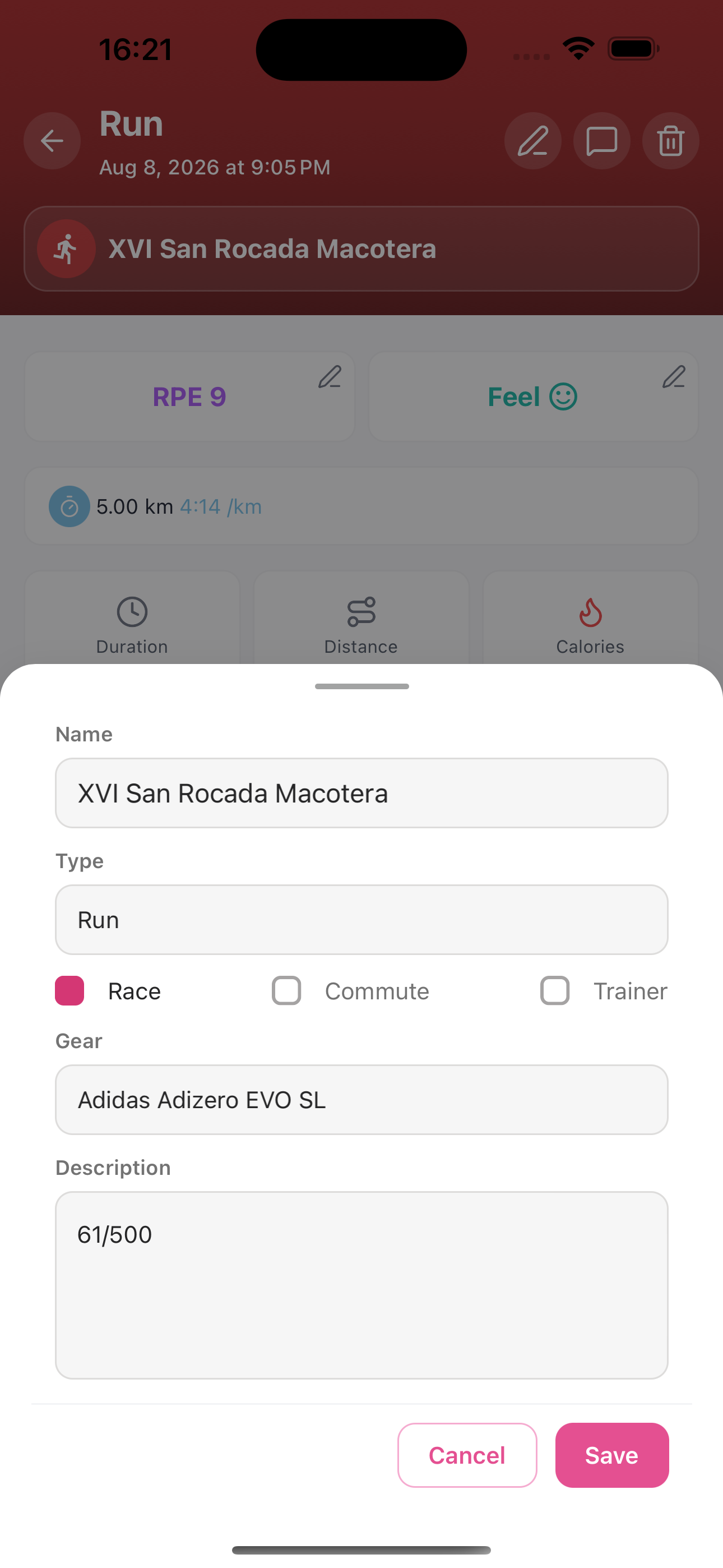 Edit activity title, type, race flag, and gear