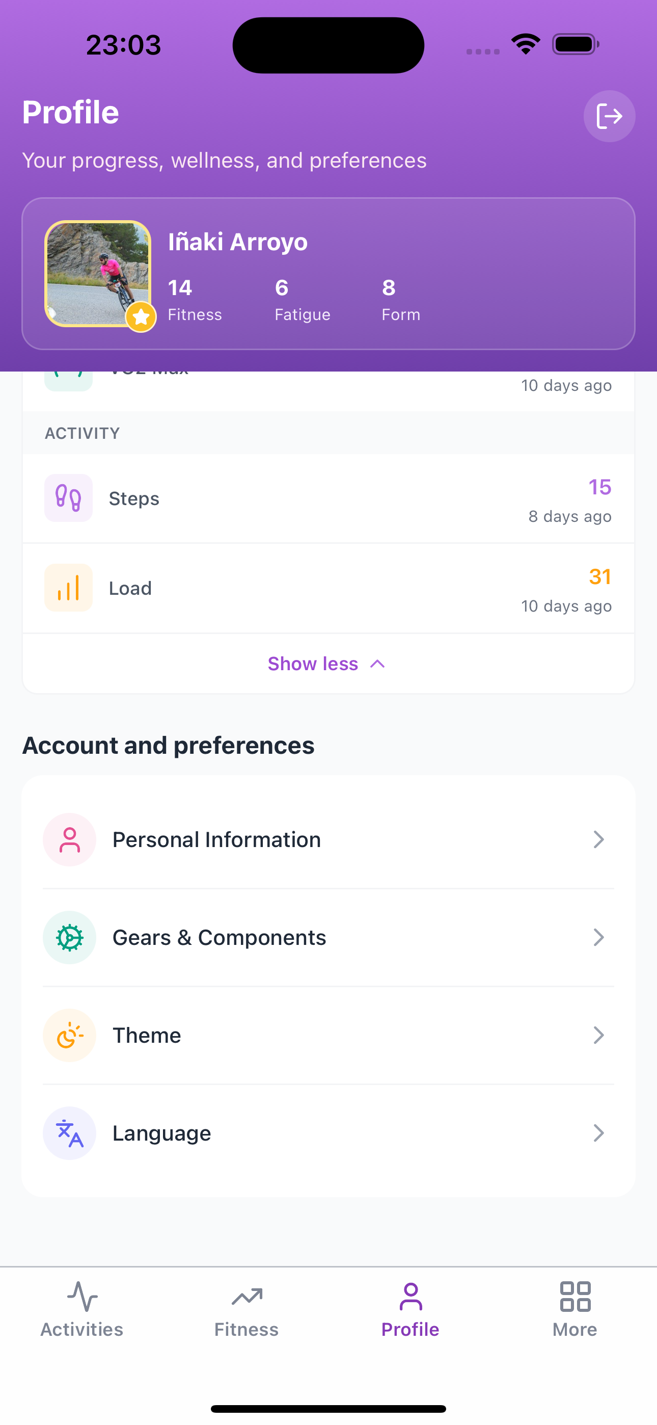 Subintervals Profile with activity load and account preferences