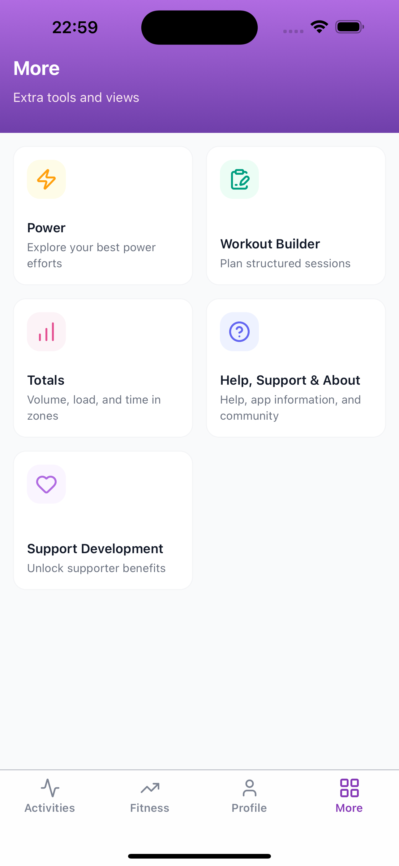 Subintervals More screen with Power, Workout Builder, Totals, help, and support options